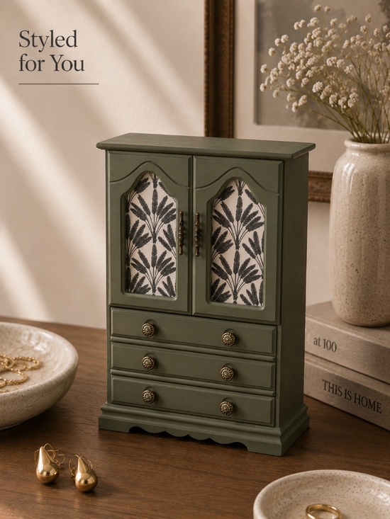 Vintage Other - Sage Green Mini Armoire Jewelry Box with Black Botanical Inlay